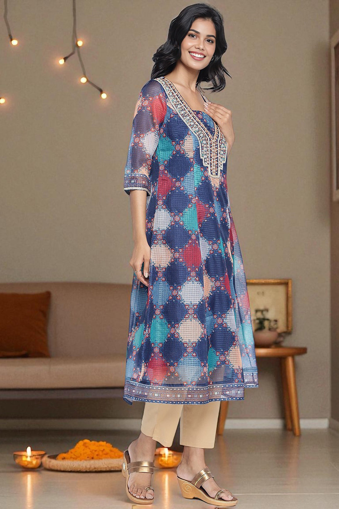 Navy Blue Digital Printed Zari Kota Flared Kurta