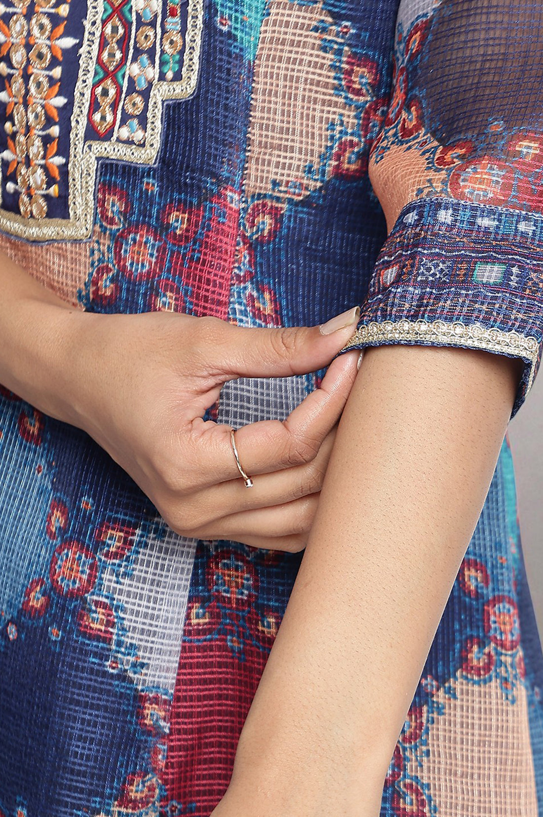 Navy Blue Digital Printed Zari Kota Flared Kurta