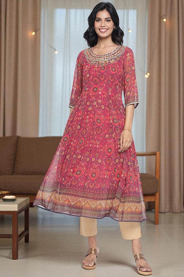 Pink Abstract Printed Zari Chinon Flared Kurta