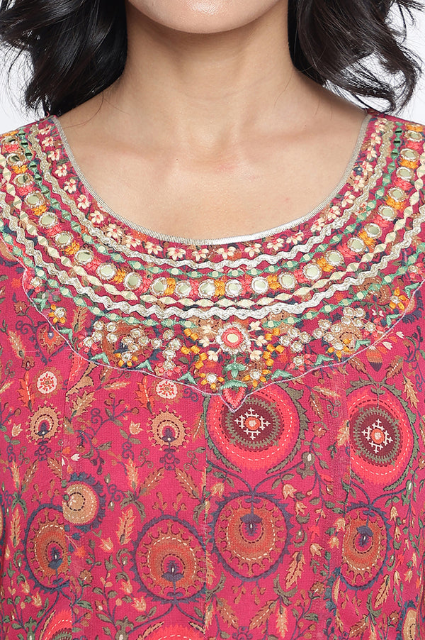Pink Abstract Printed Zari Chinon Flared Kurta