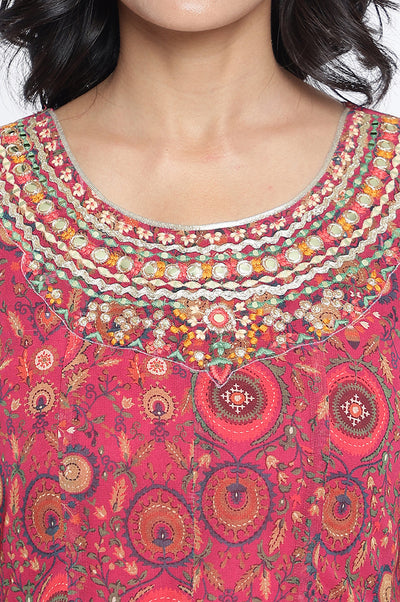 Pink Abstract Printed Zari Chinon Flared Kurta