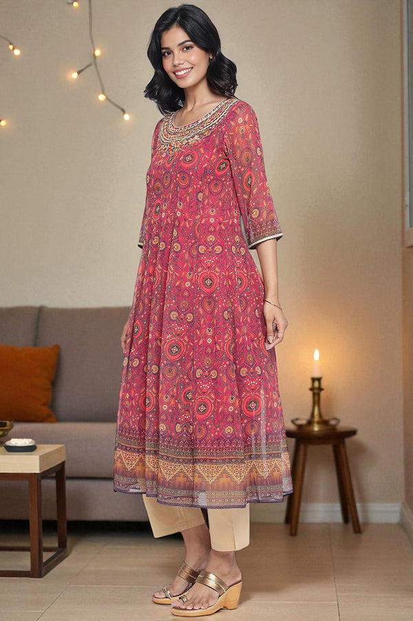 Pink Abstract Printed Zari Chinon Flared Kurta