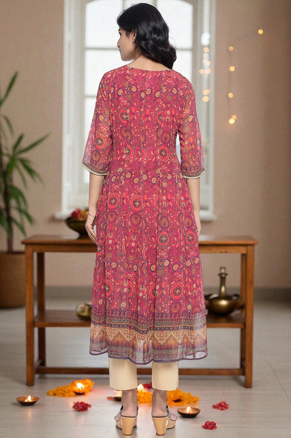 Pink Abstract Printed Zari Chinon Flared Kurta