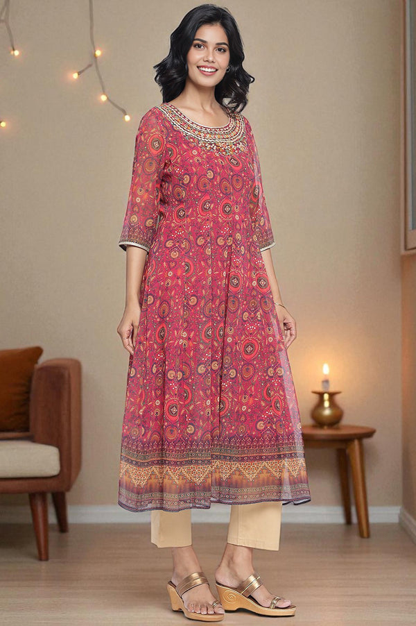 Pink Abstract Printed Zari Chinon Flared Kurta