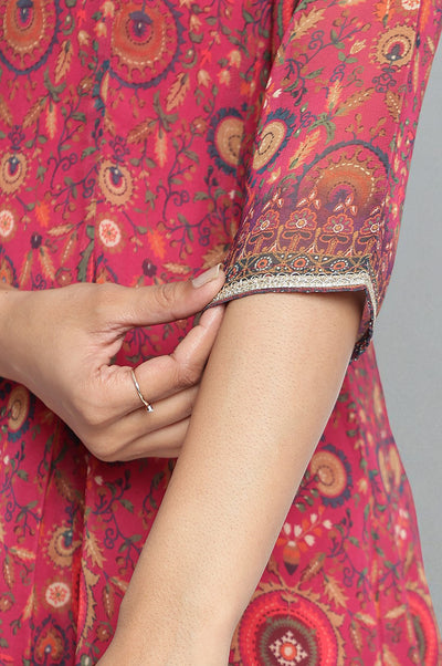 Pink Abstract Printed Zari Chinon Flared Kurta