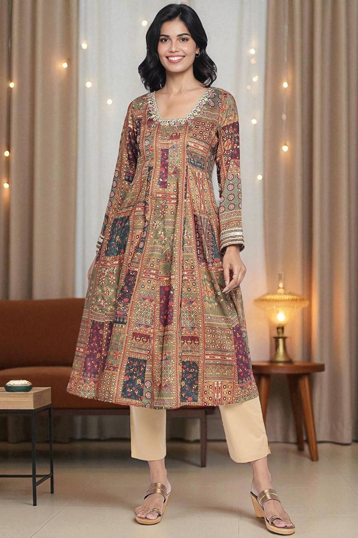 Green Abstract Printed Zari Muslin Flared Kurta - S