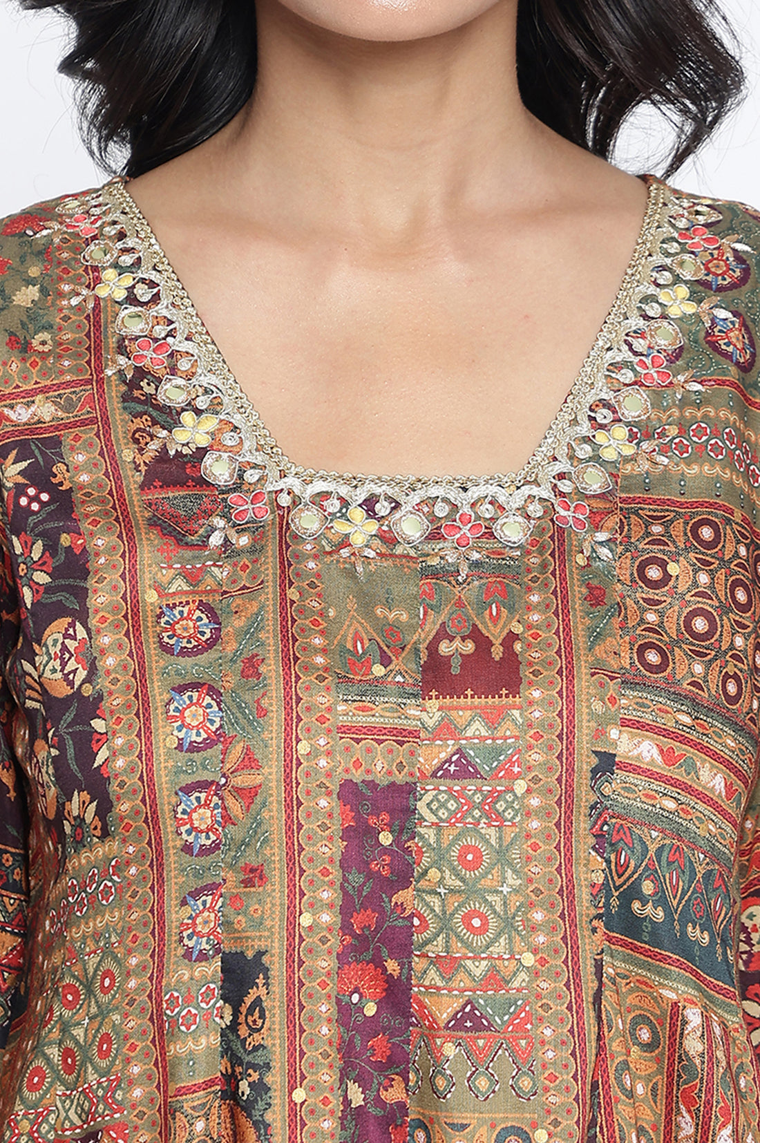 Green Abstract Printed Zari Muslin Flared Kurta