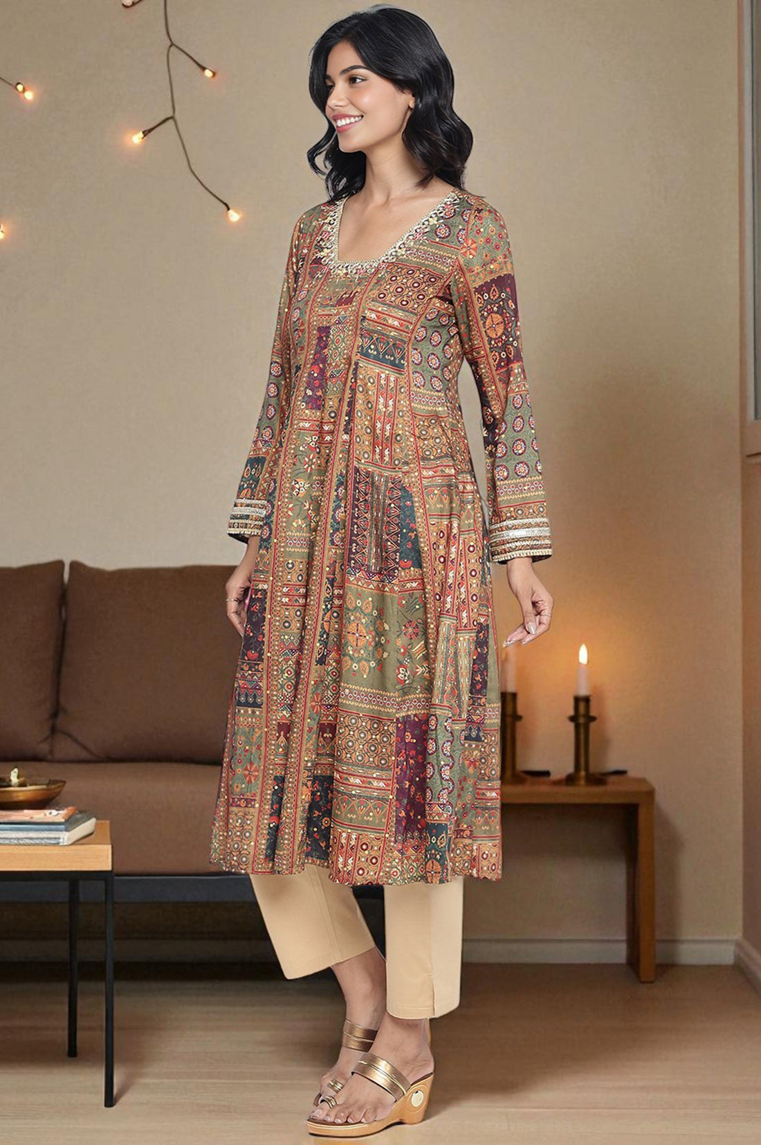 Green Abstract Printed Zari Muslin Flared Kurta