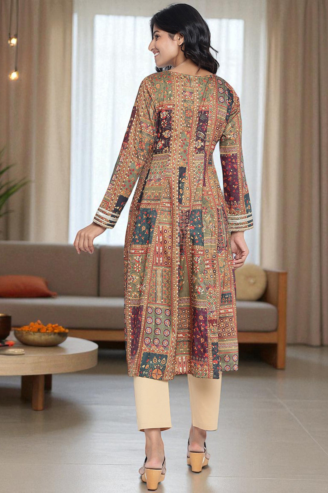 Green Abstract Printed Zari Muslin Flared Kurta