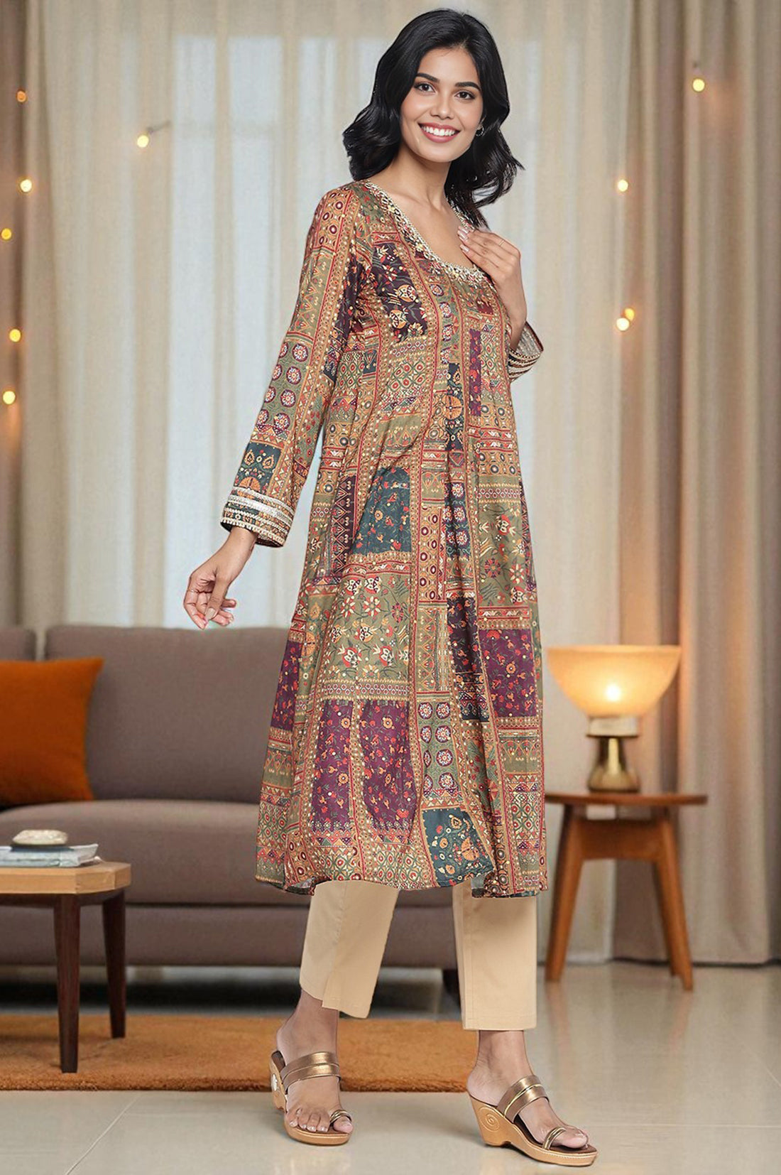 Green Abstract Printed Zari Muslin Flared Kurta