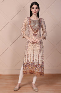 Beige Geometric Printed Mirror Work Cotton Blend Straight Kurta