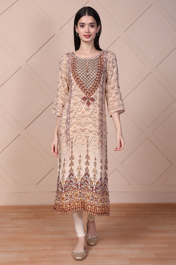 Beige Geometric Printed Mirror Work Cotton Blend Straight Kurta