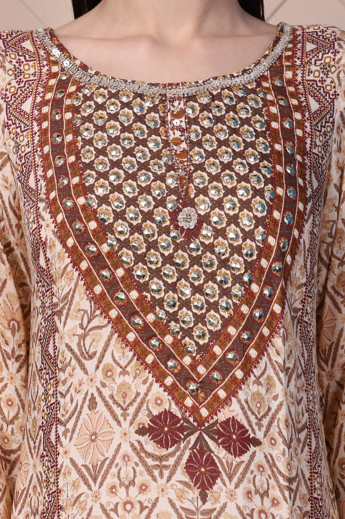 Beige Geometric Printed Mirror Work Cotton Blend Straight Kurta