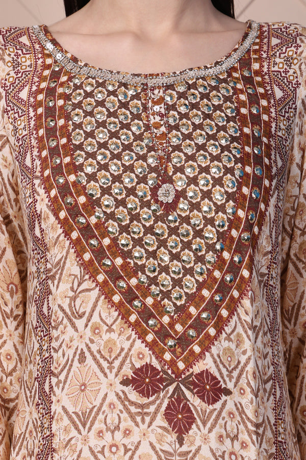 Beige Geometric Printed Mirror Work Cotton Blend Straight Kurta