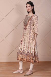 Beige Geometric Printed Mirror Work Cotton Blend Straight Kurta