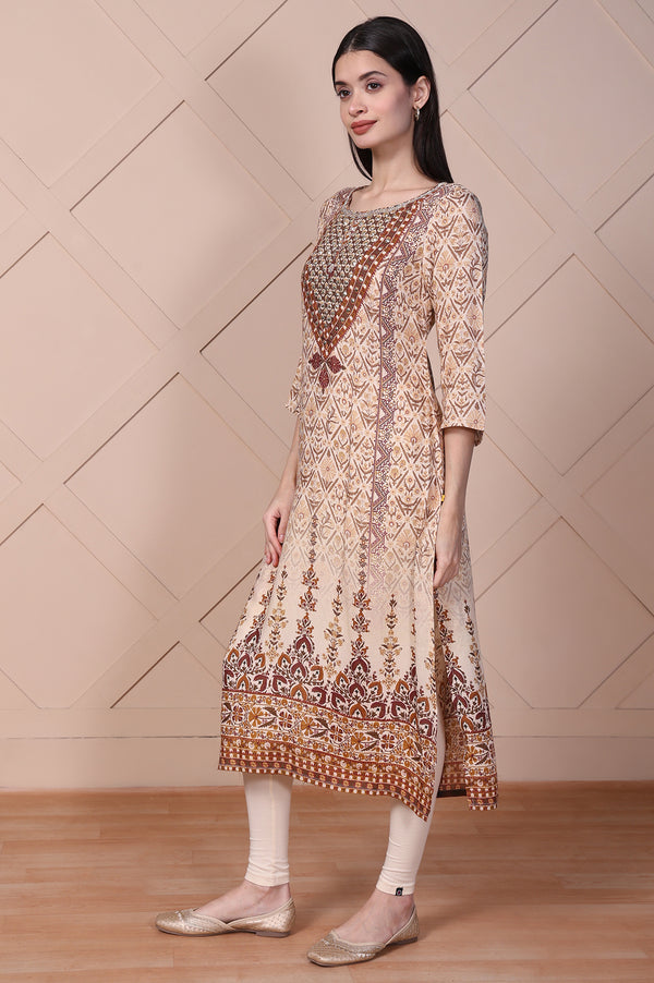 Beige Geometric Printed Mirror Work Cotton Blend Straight Kurta