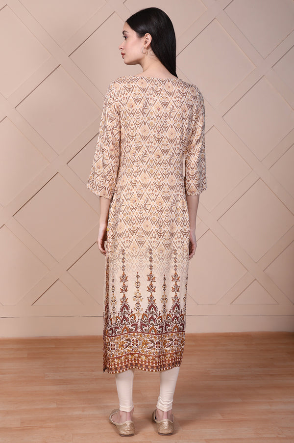 Beige Geometric Printed Mirror Work Cotton Blend Straight Kurta