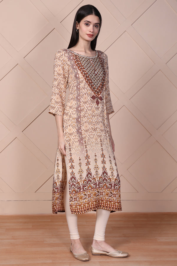 Beige Geometric Printed Mirror Work Cotton Blend Straight Kurta
