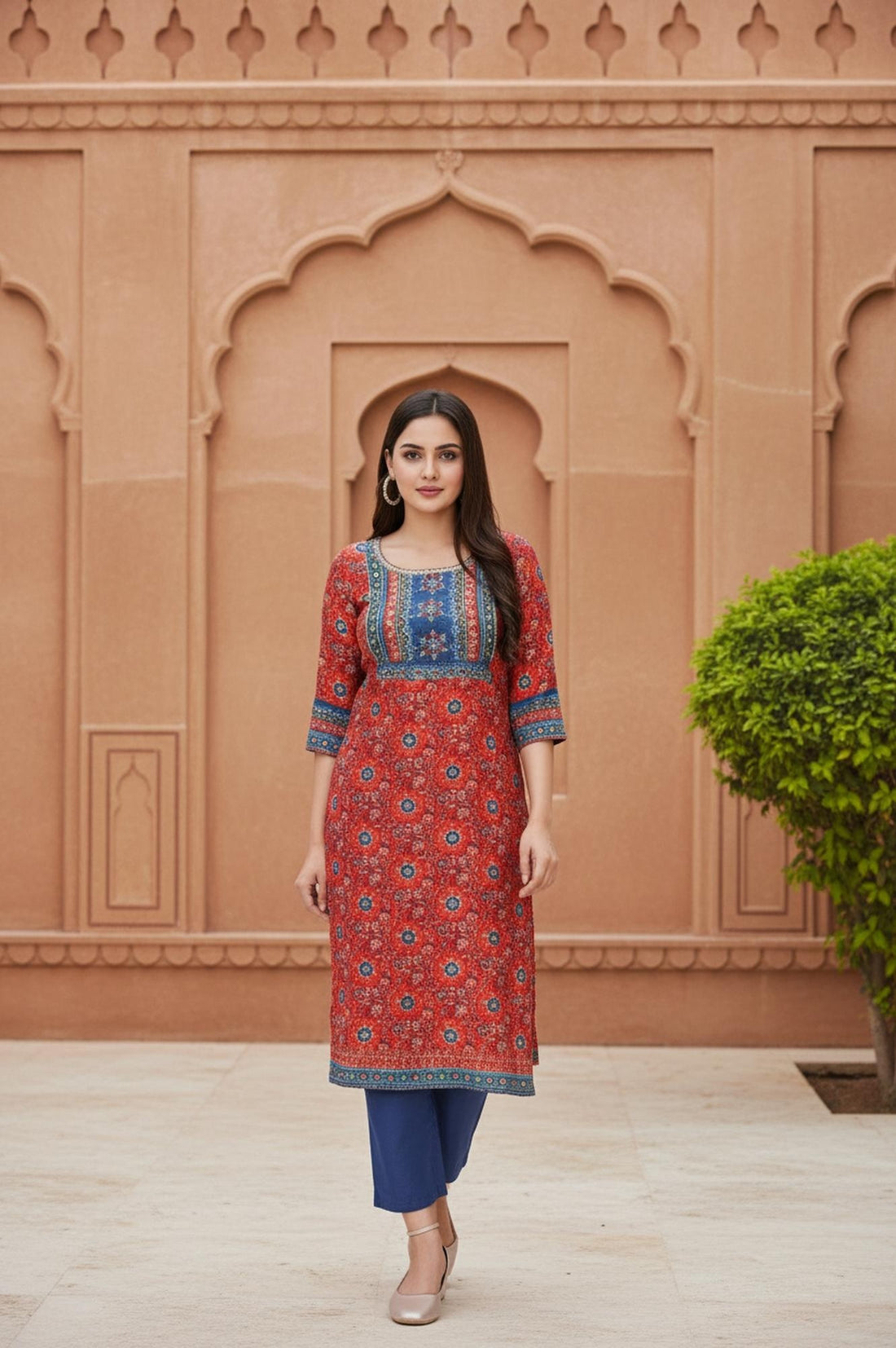 Red Floral Printed Thread Work Straight Cotton Kurta