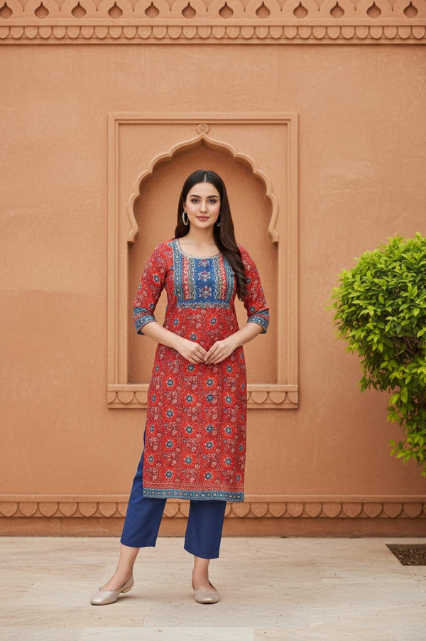 Red Floral Printed Thread Work Straight Cotton Kurta
