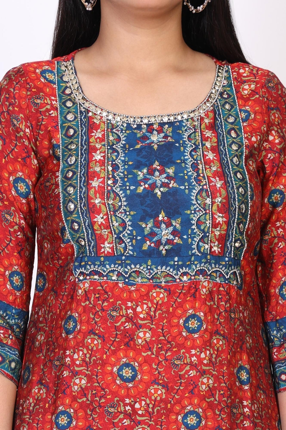 Red Floral Printed Thread Work Straight Cotton Kurta