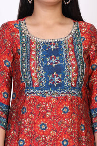 Red Floral Printed Thread Work Straight Cotton Kurta