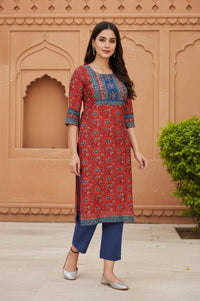 Red Floral Printed Thread Work Straight Cotton Kurta