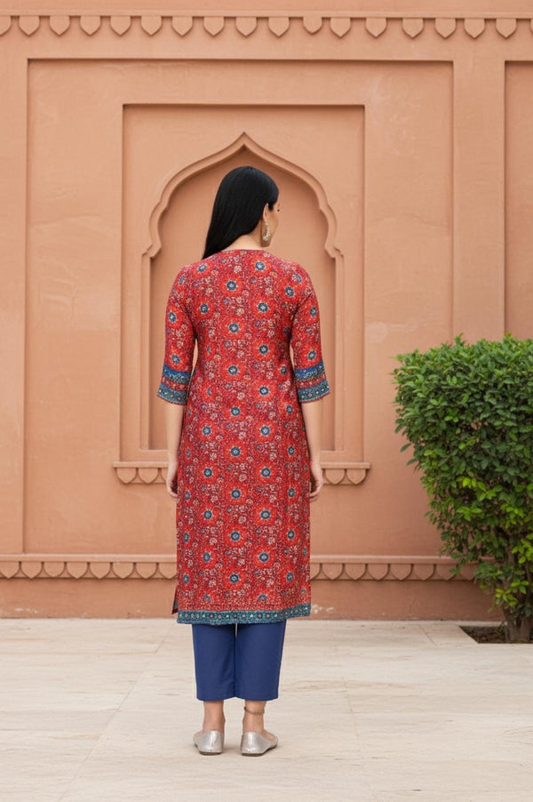 Red Floral Printed Thread Work Straight Cotton Kurta