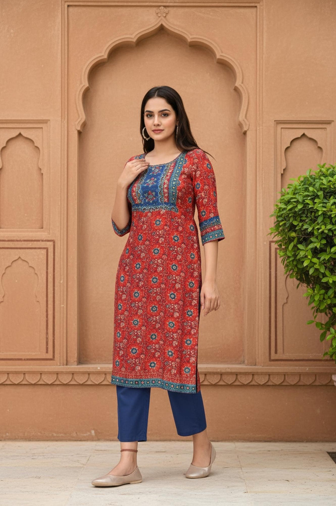 Red Floral Printed Thread Work Straight Cotton Kurta