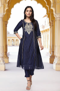 Blue Embroidered A-Line Kurta