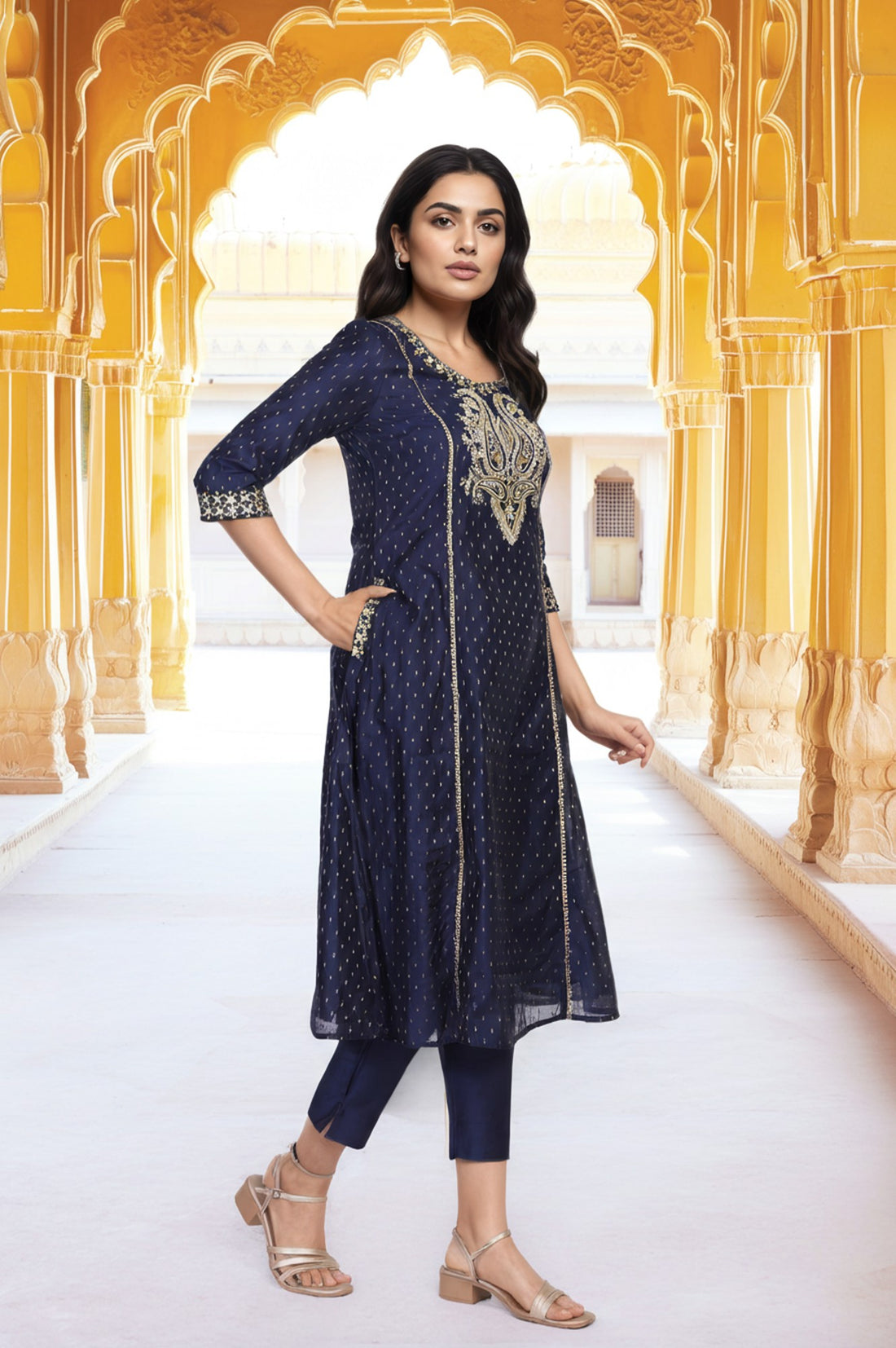 Blue Embroidered A-Line Kurta