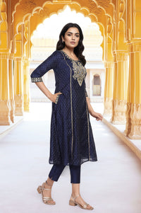 Blue Embroidered A-Line Kurta