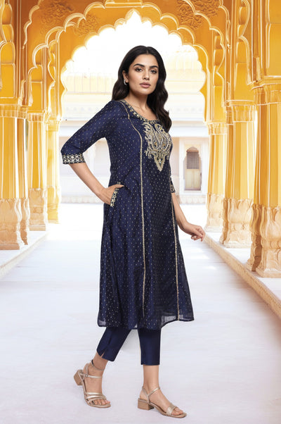 Blue Embroidered A-Line Kurta