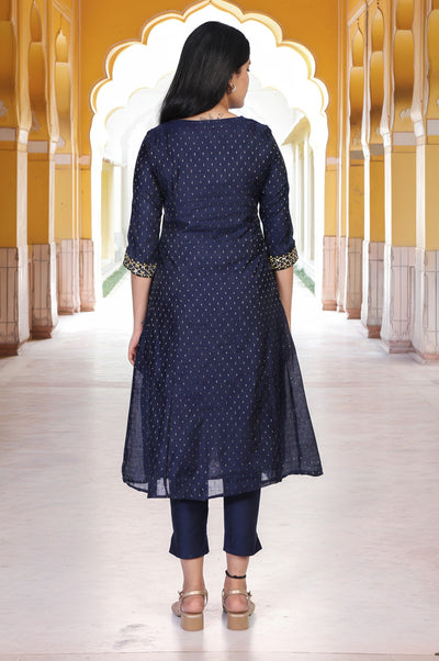 Blue Embroidered A-Line Kurta