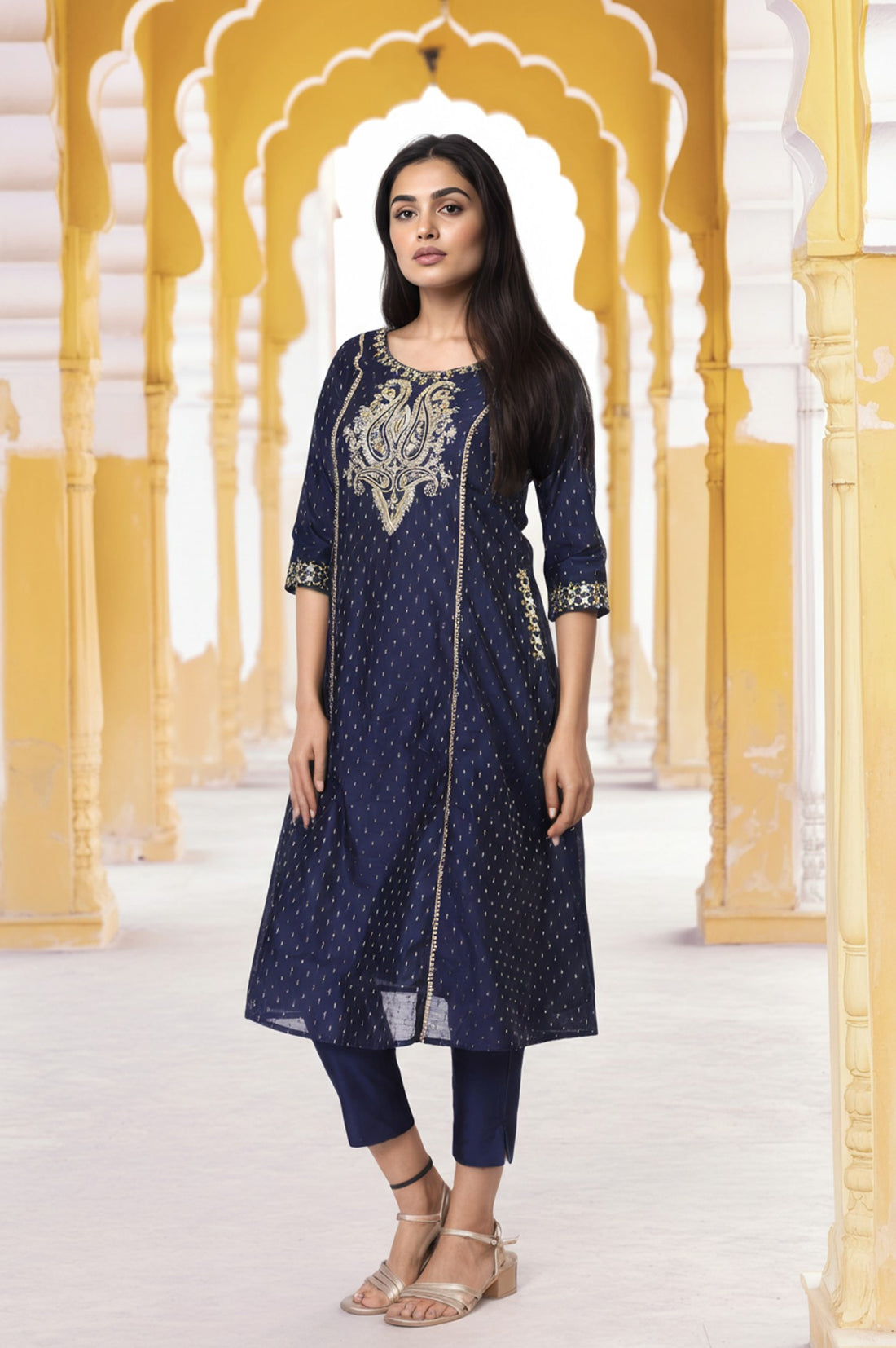 Blue Embroidered A-Line Kurta