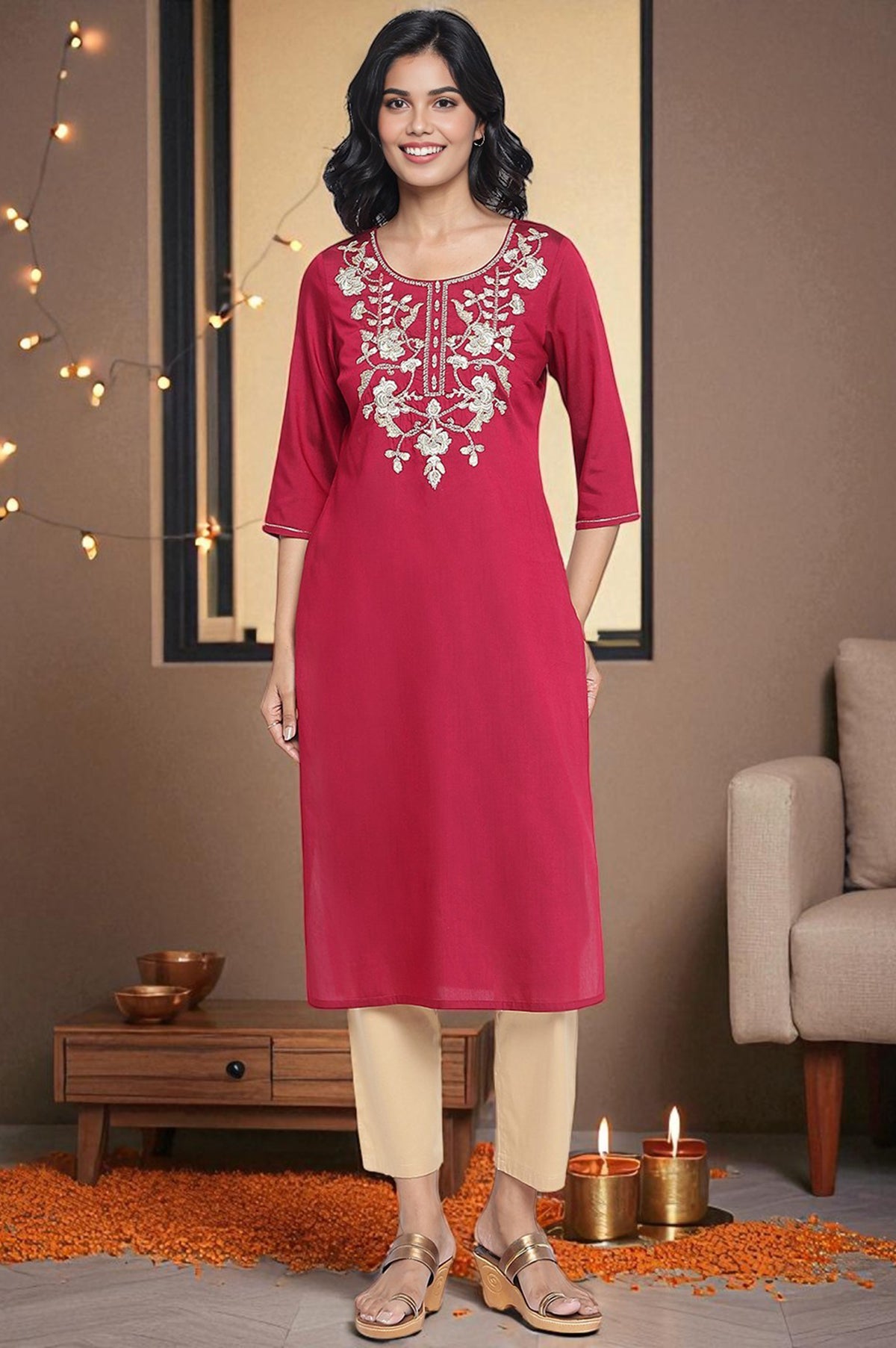 Maroon Solid Printed Thread Embroidery Straight Kurta - S
