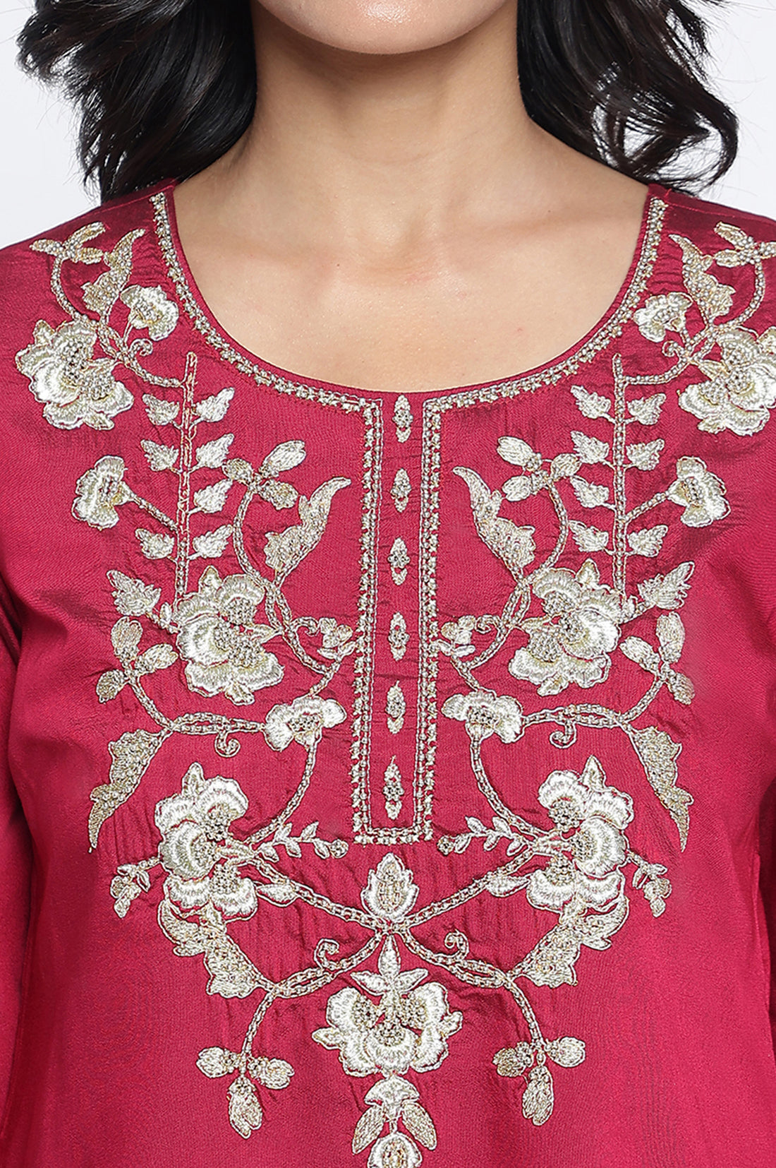 Maroon Solid Printed Thread Embroidery Straight Kurta