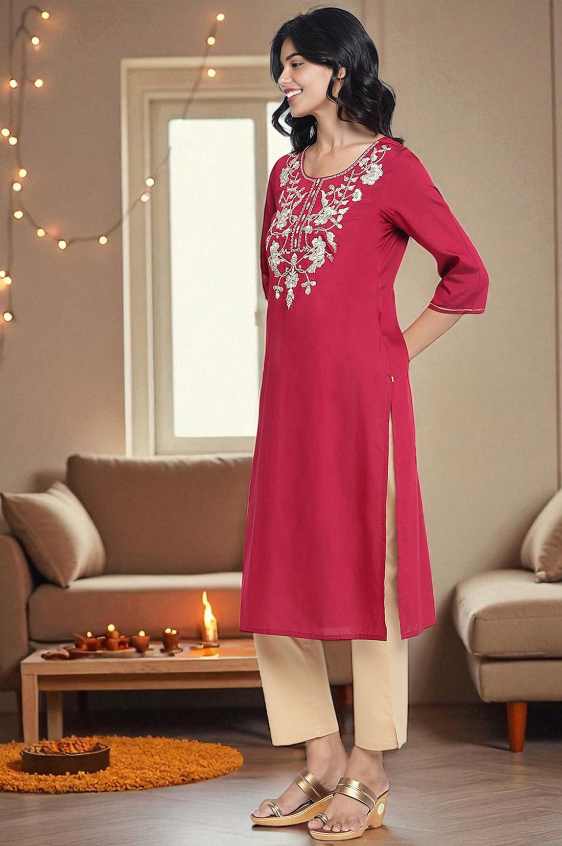 Maroon Solid Printed Thread Embroidery Straight Kurta