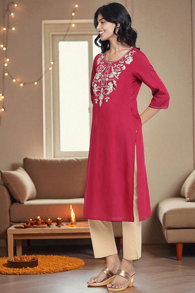 Maroon Solid Printed Thread Embroidery Straight Kurta
