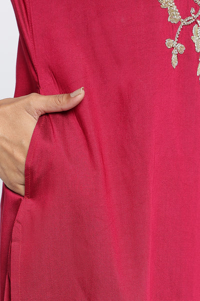 Maroon Solid Printed Thread Embroidery Straight Kurta