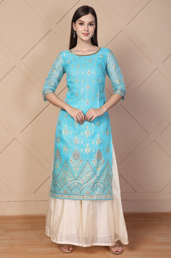 Blue Ethnic Motifs Printed Embroidered Straight Kurta
