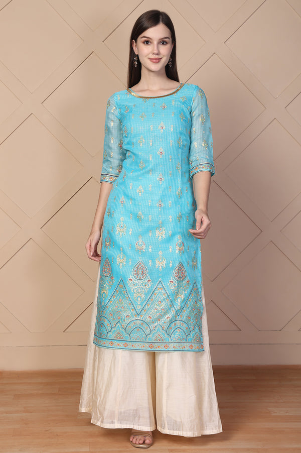Blue Ethnic Motifs Printed Embroidered Straight Kurta