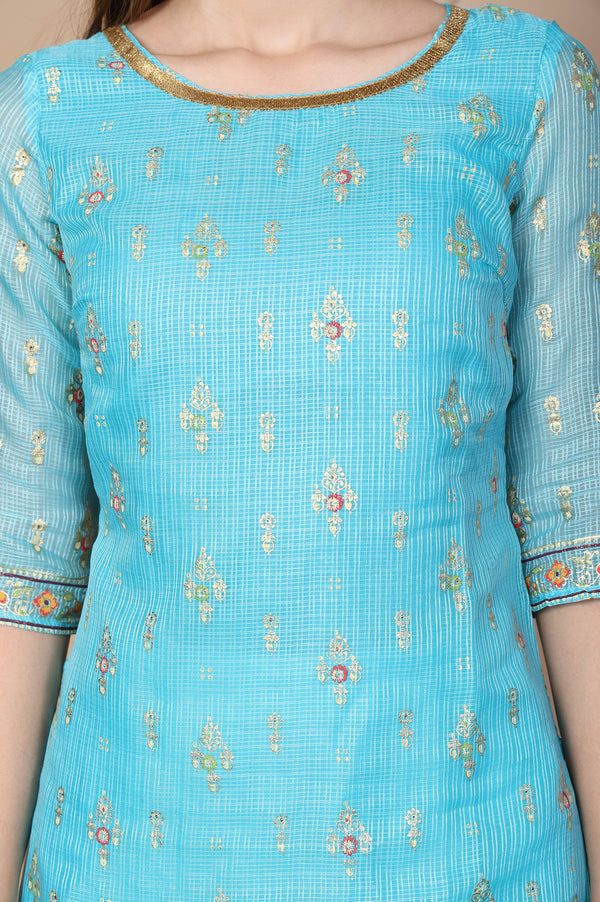 Blue Ethnic Motifs Printed Embroidered Straight Kurta