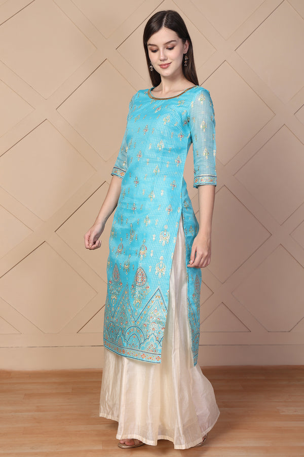 Blue Ethnic Motifs Printed Embroidered Straight Kurta