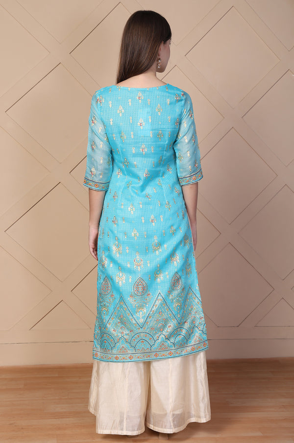 Blue Ethnic Motifs Printed Embroidered Straight Kurta