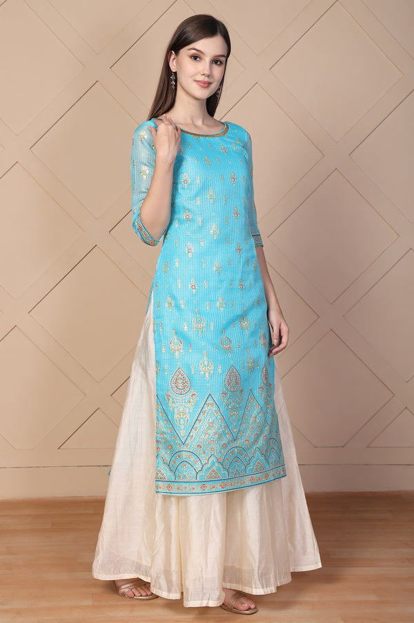 Blue Ethnic Motifs Printed Embroidered Straight Kurta