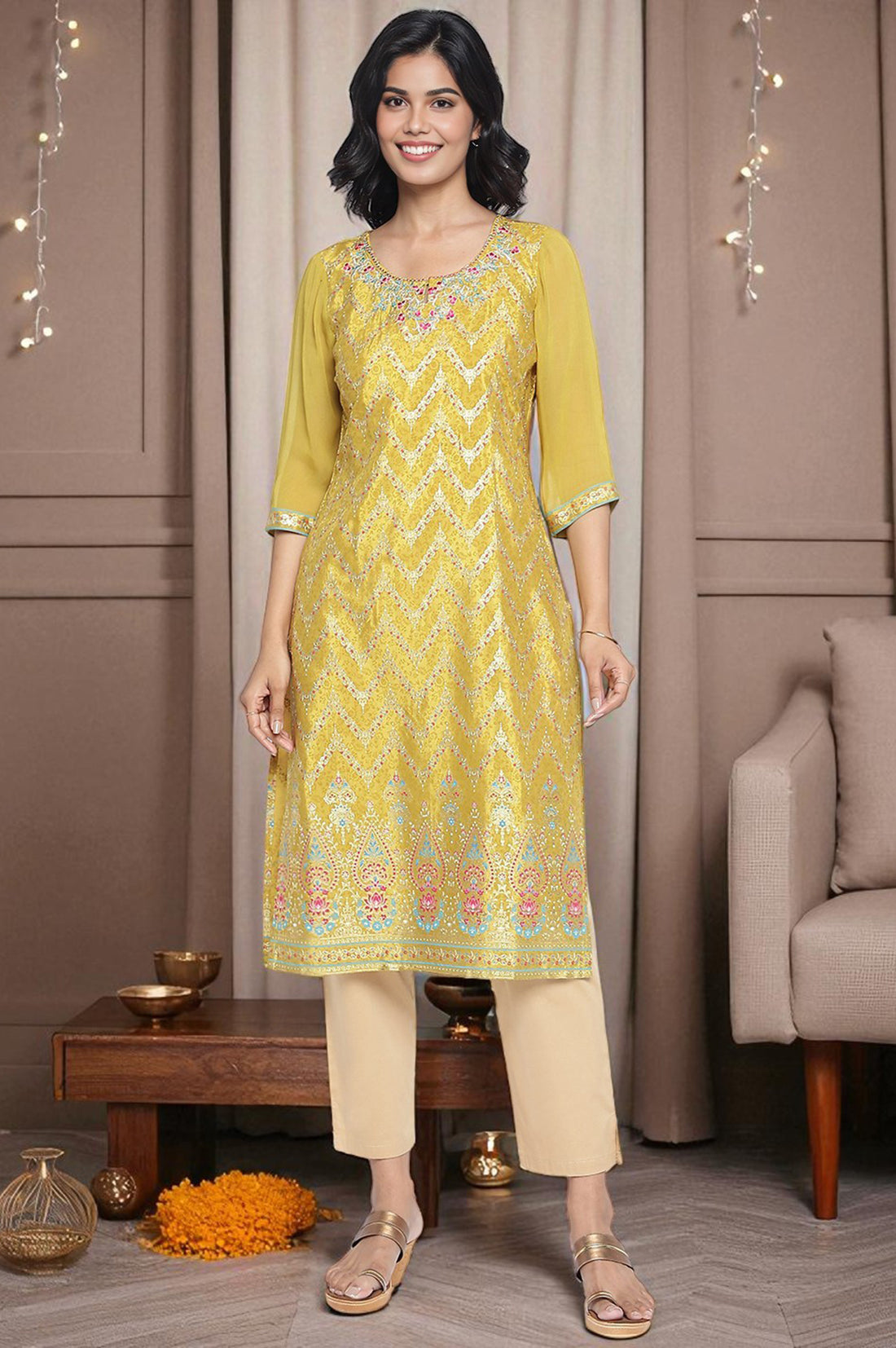 Green Abstract Printed Beads Shantung Straight Kurta