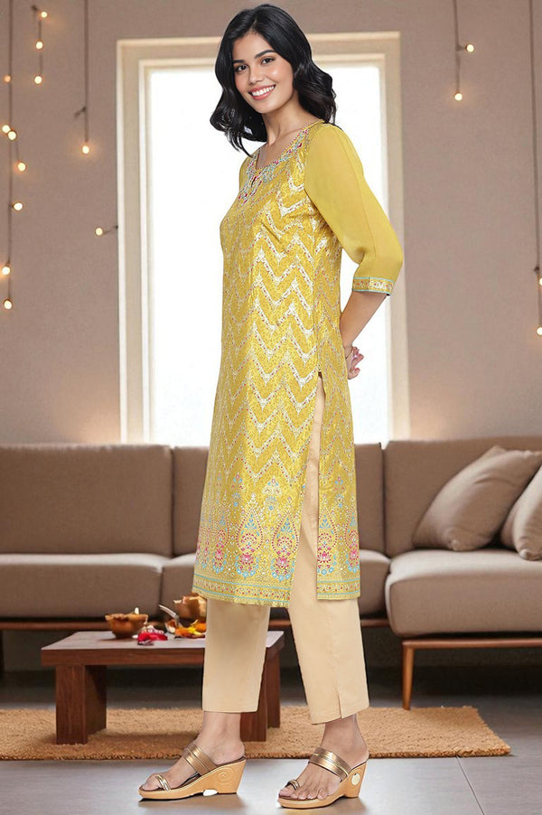 Green Abstract Printed Beads Shantung Straight Kurta