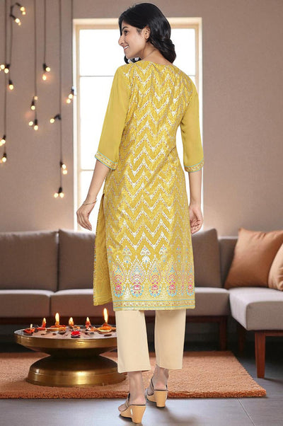 Green Abstract Printed Beads Shantung Straight Kurta