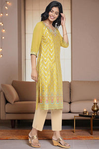 Green Abstract Printed Beads Shantung Straight Kurta